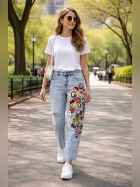 ♻️ UPCYCLED Patchwork Light Wash Jeans with Embellished Patches size 14/16